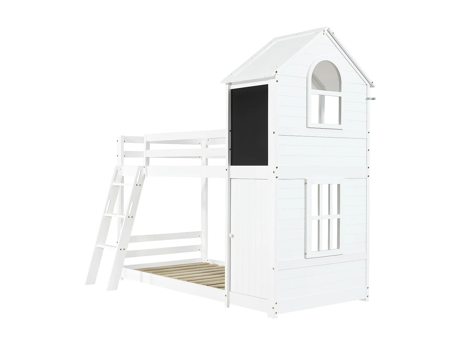 Lit superposé enfant 90x200 cm avec porte et tableau noir - Lit cabane avec fenêtre- Bois blanc