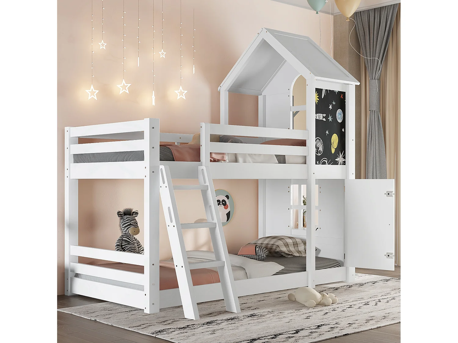 Lit superposé enfant 90x200 cm avec porte et tableau noir - Lit cabane avec fenêtre- Bois blanc