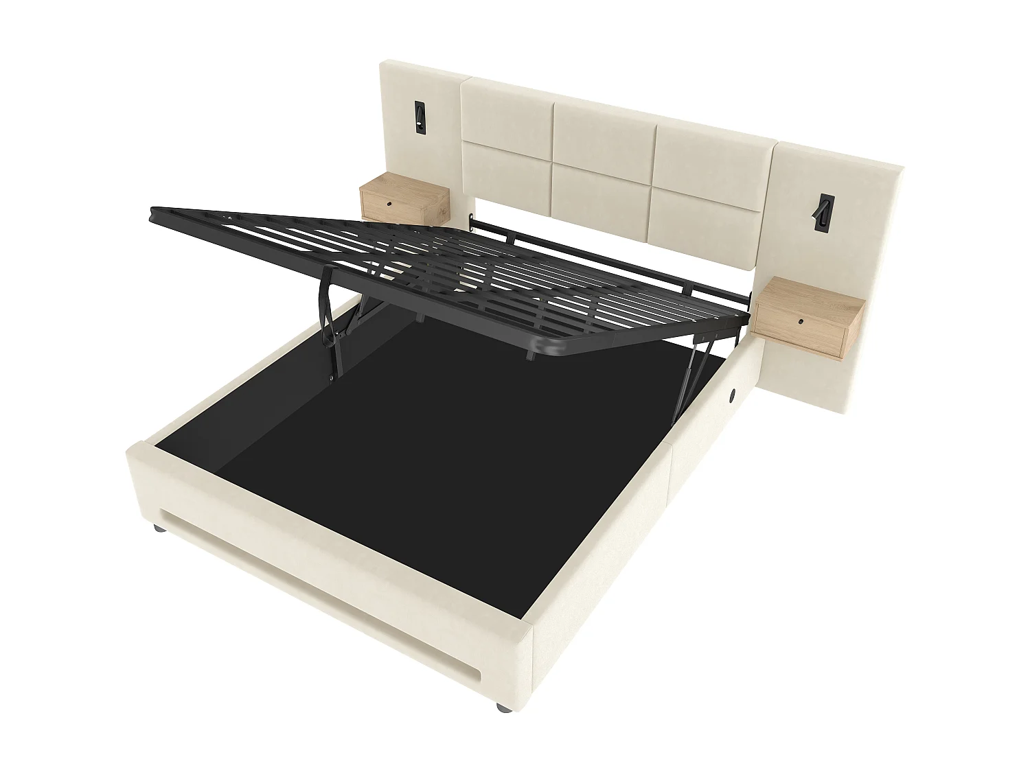 Letto contenitore per adulti 180x200cm con luce notturna a LED, porta USB-C e 2 cassetti comodino - Velluto beige