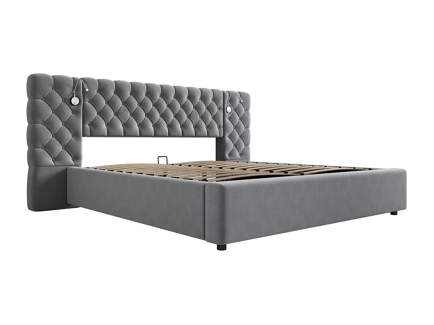 Lit coffre double 160x200cm avec LED et lampe de lecture - Velours gris