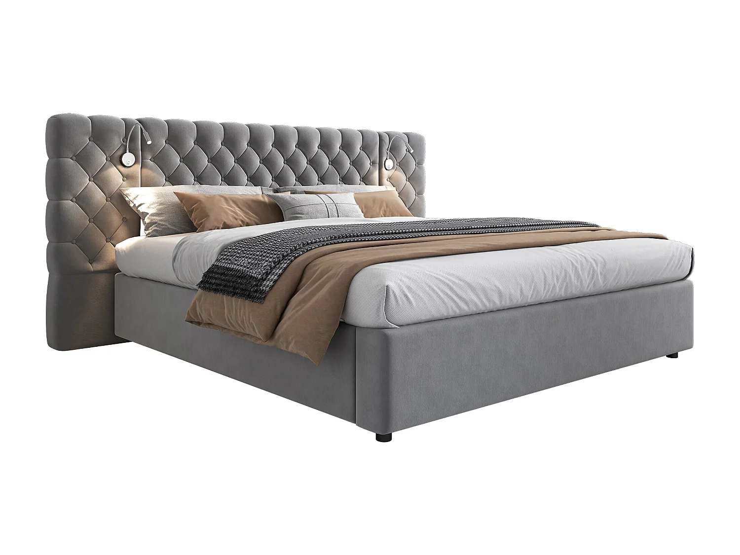 Lit coffre double 160x200cm avec LED et lampe de lecture - Velours gris