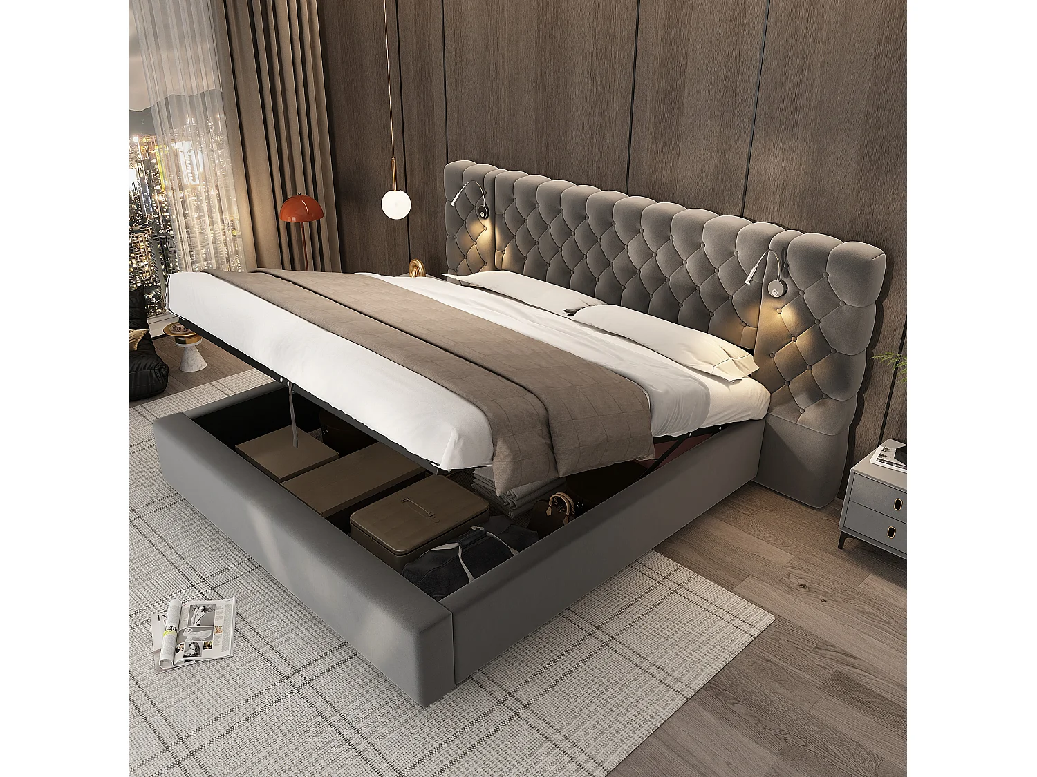 Lit coffre double 160x200cm avec LED et lampe de lecture - Velours gris