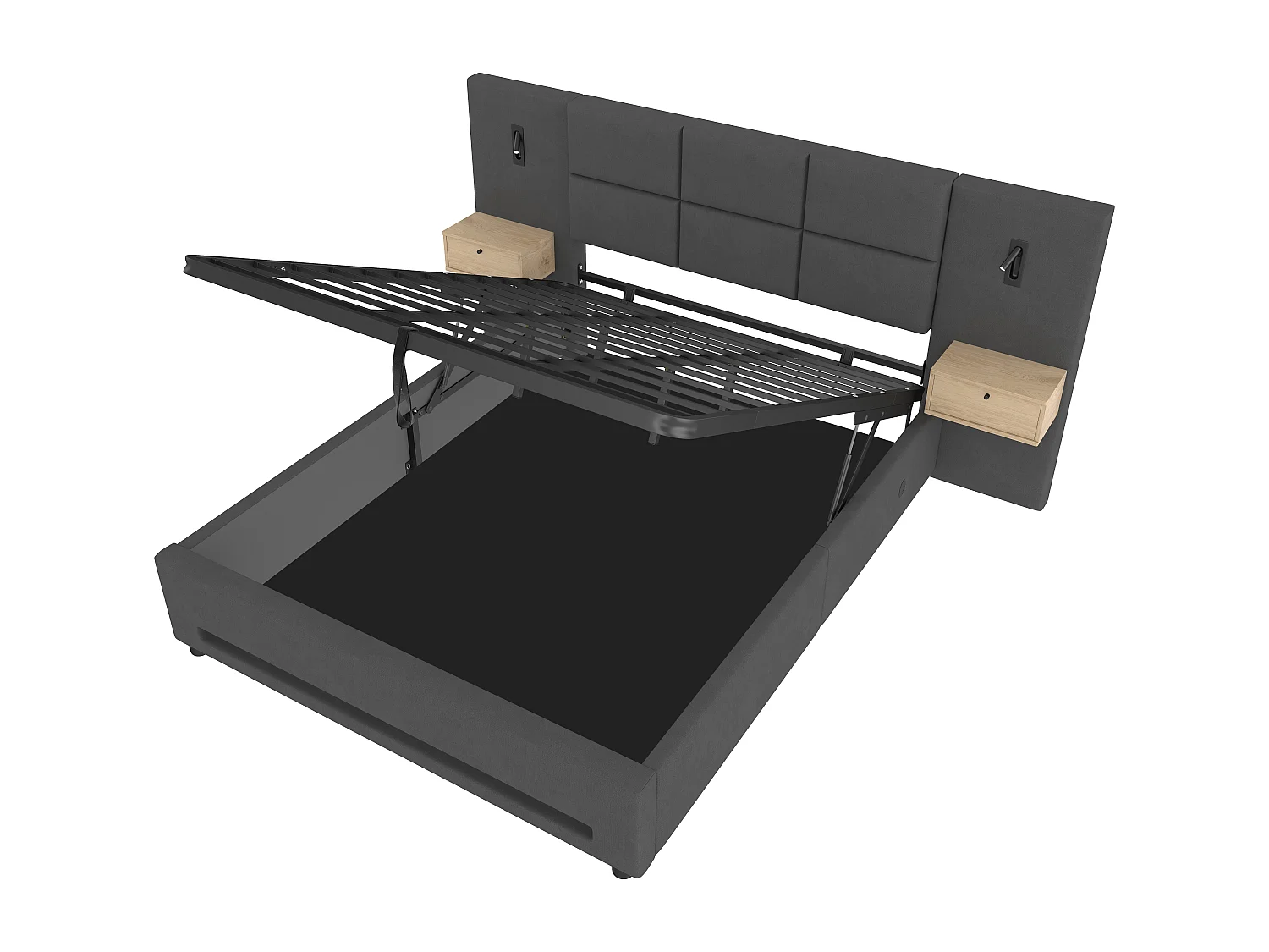 Letto contenitore per adulti 180x200cm con luce notturna a LED, porta USB-C e 2 cassetti comodino - Velluto grigio scuro