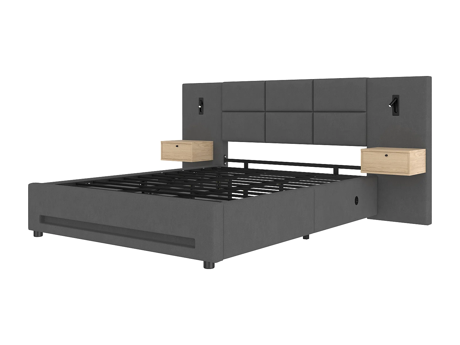 Letto contenitore per adulti 180x200cm con luce notturna a LED, porta USB-C e 2 cassetti comodino - Velluto grigio scuro