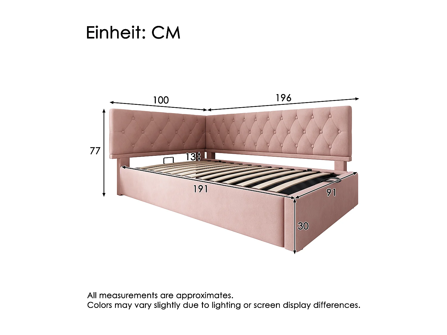 Sofá-cama de 90x190cm com arrumação e base ripada - Veludo rosa