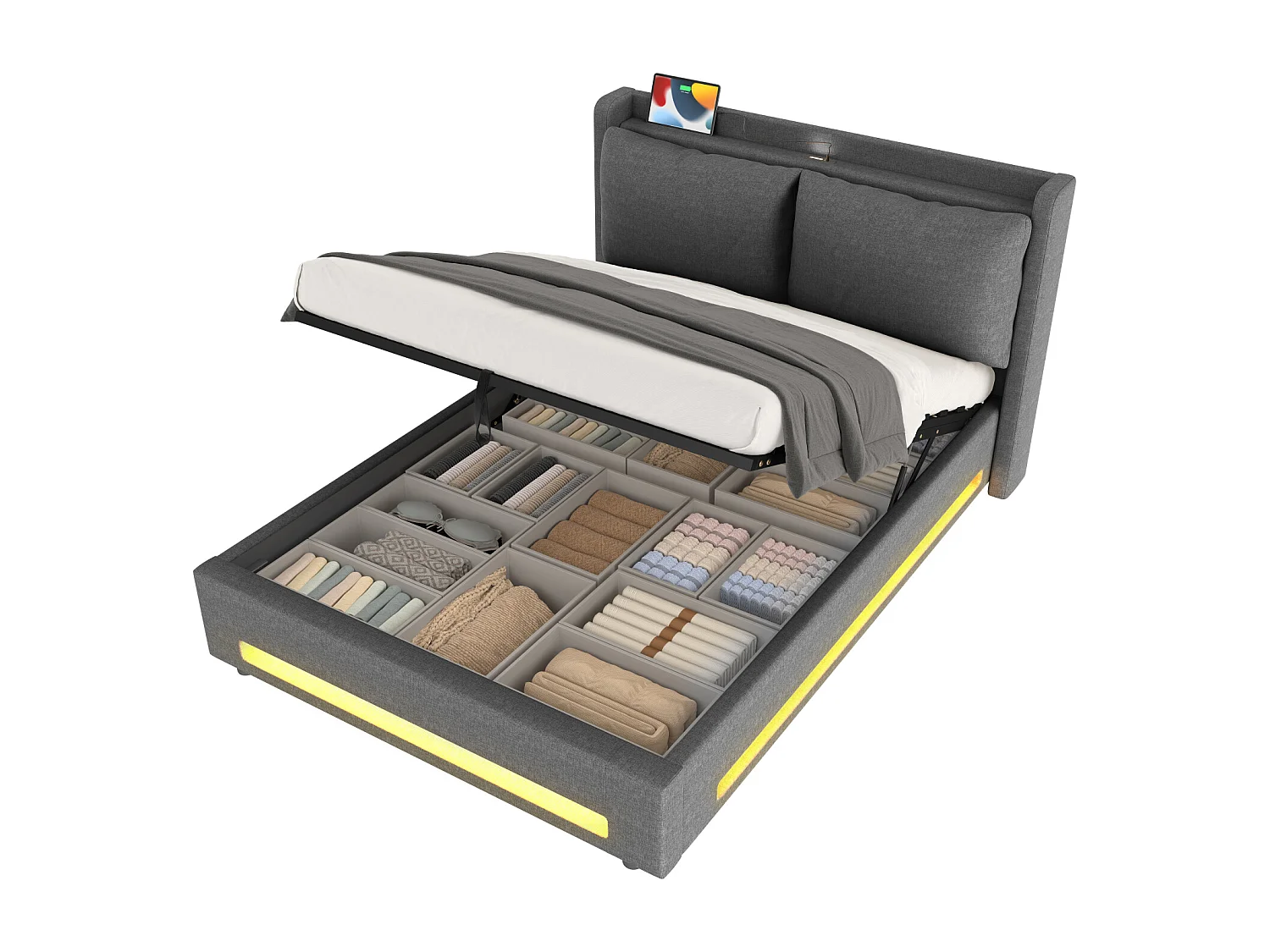 Letto contenitore 140x200 cm con USB-C, luce LED e cuscino rimovibile - Tessuto in lino grigio scuro - Materasso non incluso