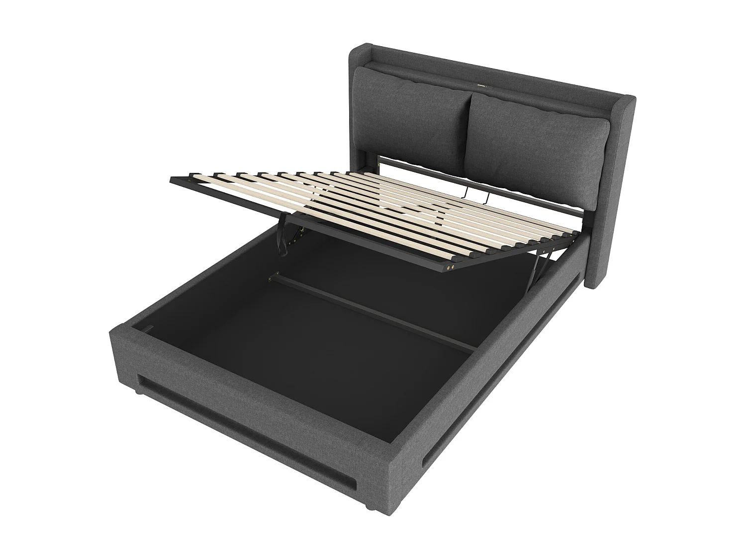 Letto contenitore 140x200 cm con USB-C, luce LED e cuscino rimovibile - Tessuto in lino grigio scuro - Materasso non incluso