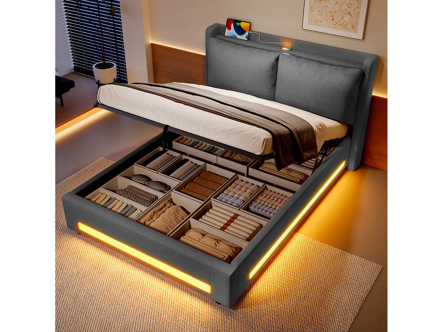 Letto contenitore 140x200 cm con USB-C, luce LED e cuscino rimovibile - Tessuto in lino grigio scuro - Materasso non incluso