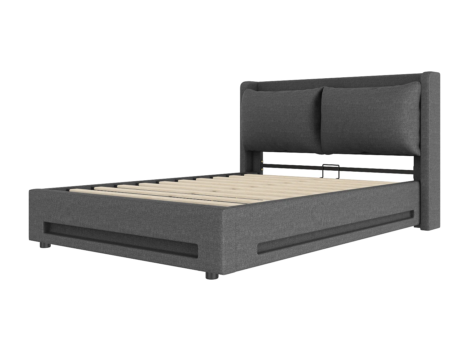 Letto contenitore 140x200 cm con USB-C, luce LED e cuscino rimovibile - Tessuto in lino grigio scuro - Materasso non incluso