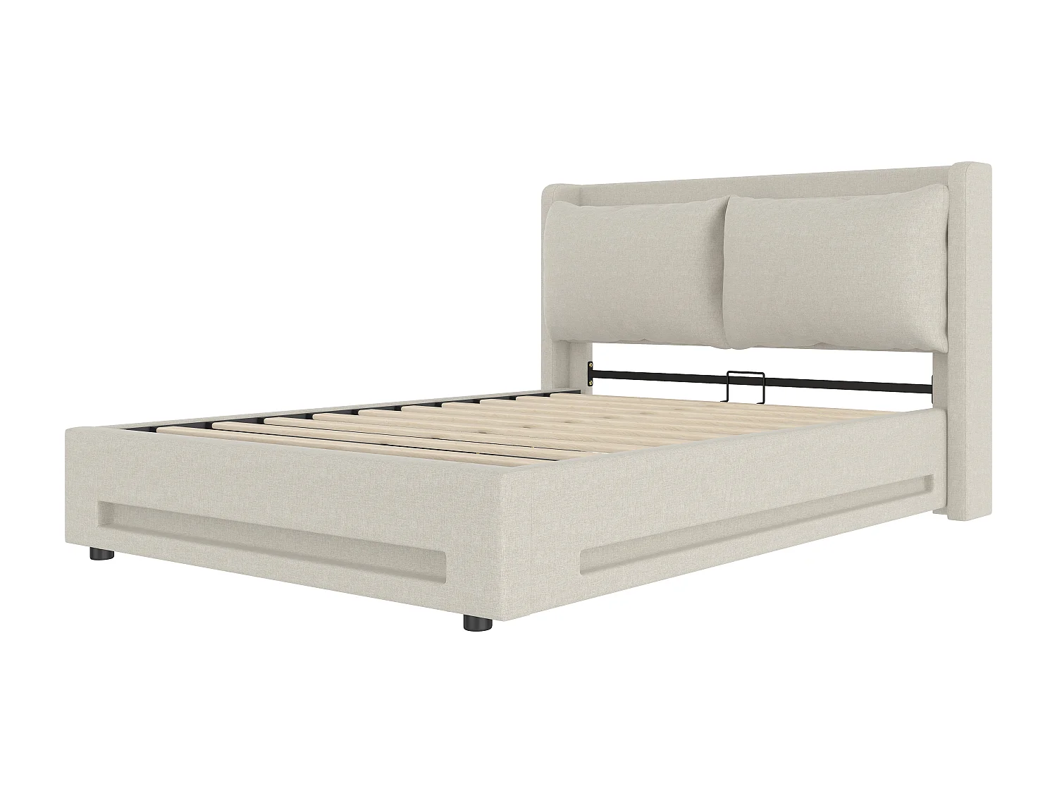 Lit coffre 140x190cm avec USB-C, LED et coussin amovible - Tissu lin beige - Sans matelas