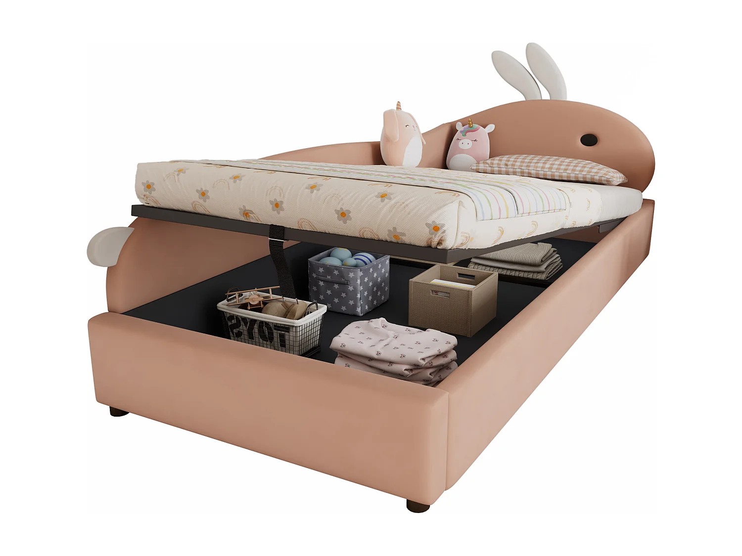 Kinderbed met opbergruimte 90x200cm met konijnenhoofdeinde - Linkerpaneel - Roze fluweel