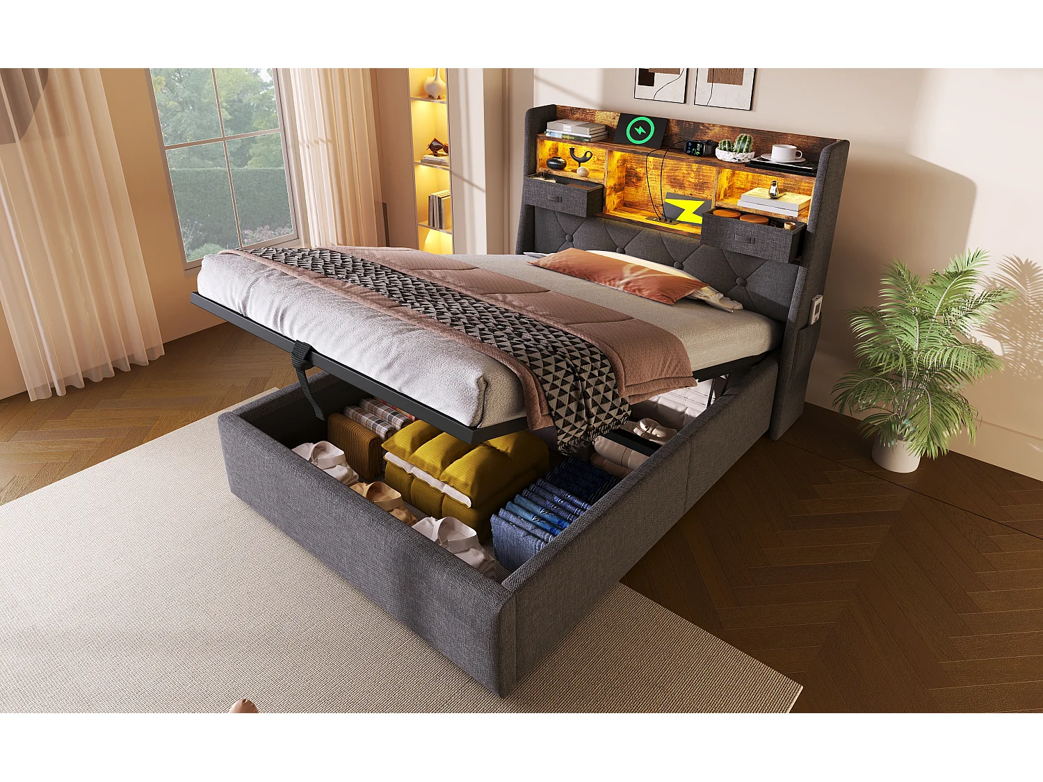 Cama individual con almacenaje de 90x200cm con iluminación LED, 2 cajones, puerto USB-C y 3 puertos USB - Tapizada en lino gris