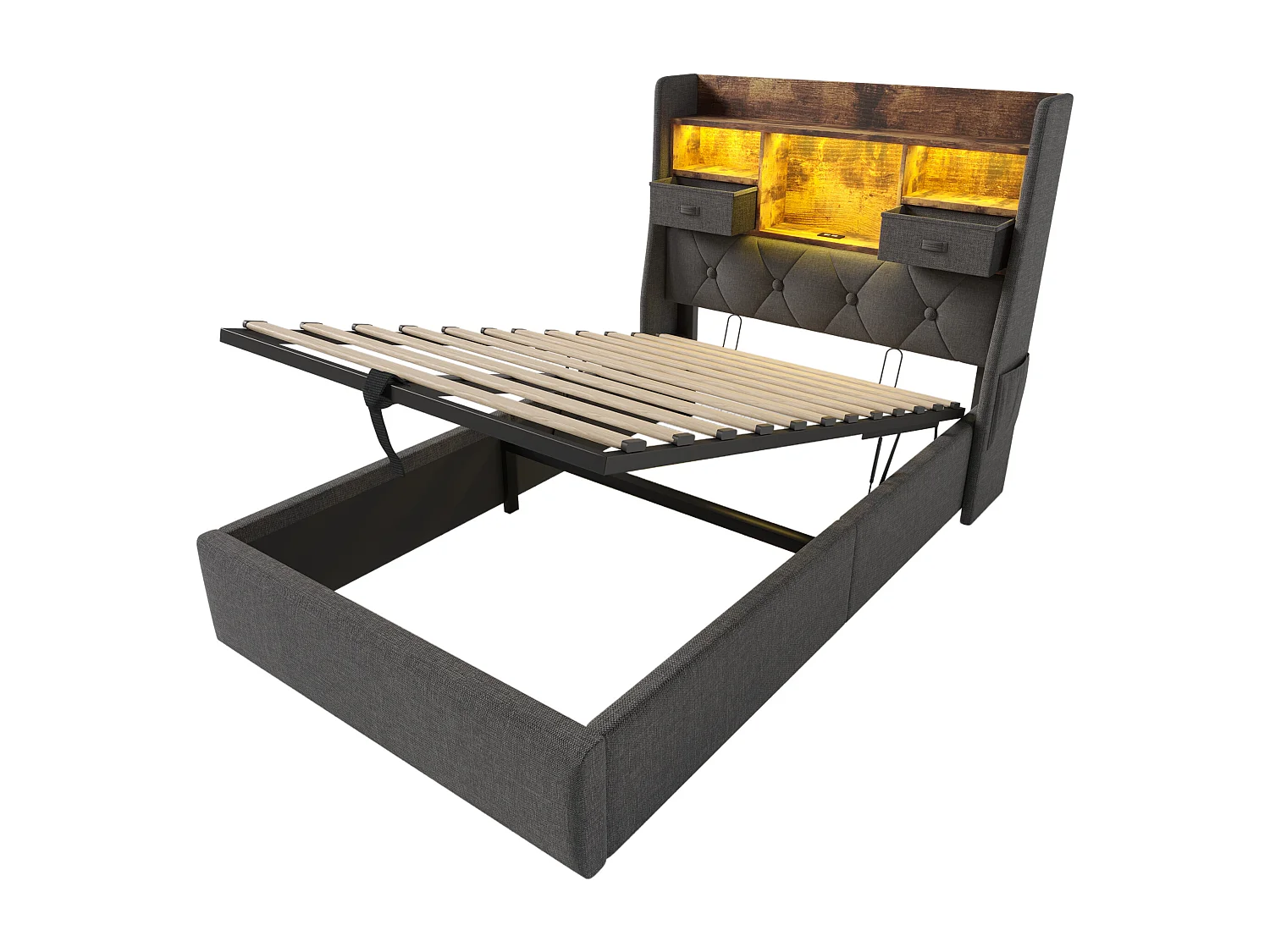 Cama individual con almacenaje de 90x200cm con iluminación LED, 2 cajones, puerto USB-C y 3 puertos USB - Tapizada en lino gris