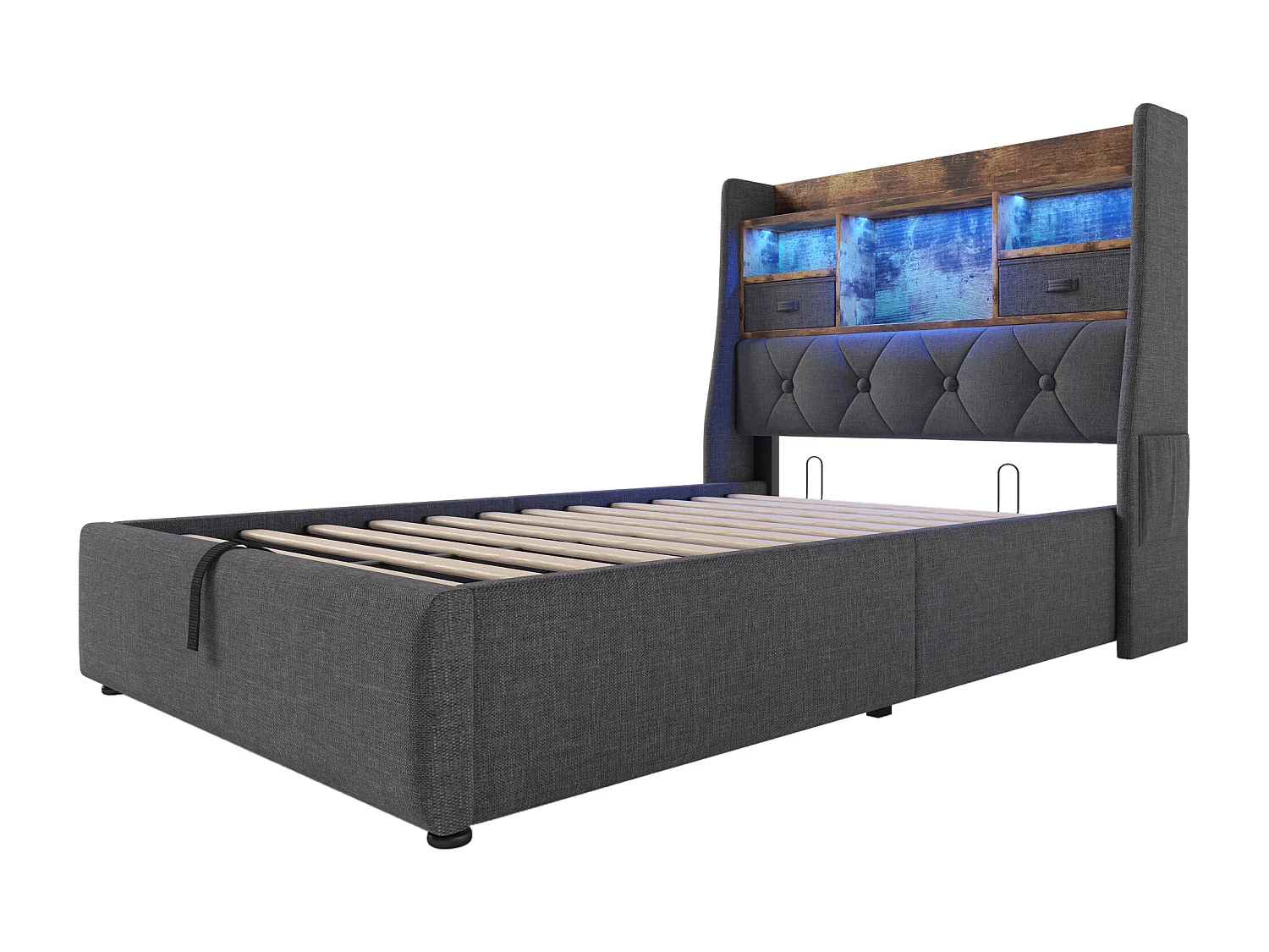 Cama individual con almacenaje de 90x200cm con iluminación LED, 2 cajones, puerto USB-C y 3 puertos USB - Tapizada en lino gris