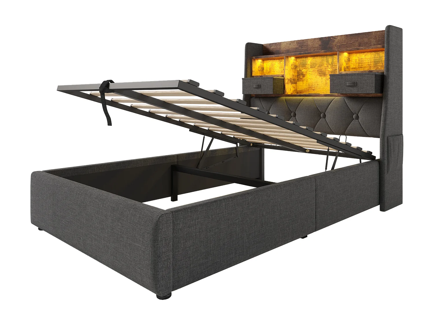 Lit coffre simple 90x200cm avec LED, 2 tiroirs, Type-C et 3 USB - Tissu lin gris