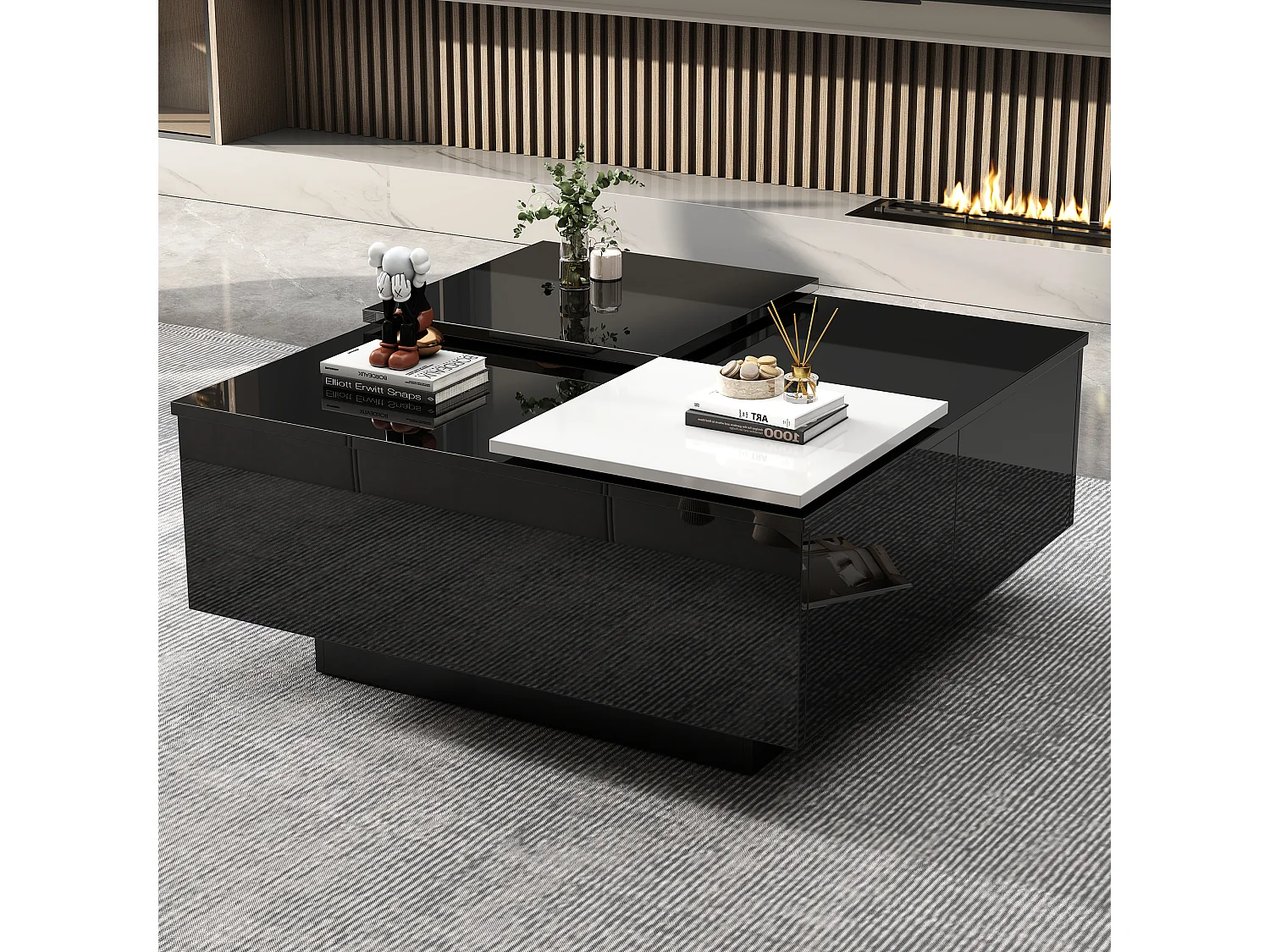 Table basse carrée avec 4 tiroirs - Petit plateau coulissant - Brillant finition - Noir