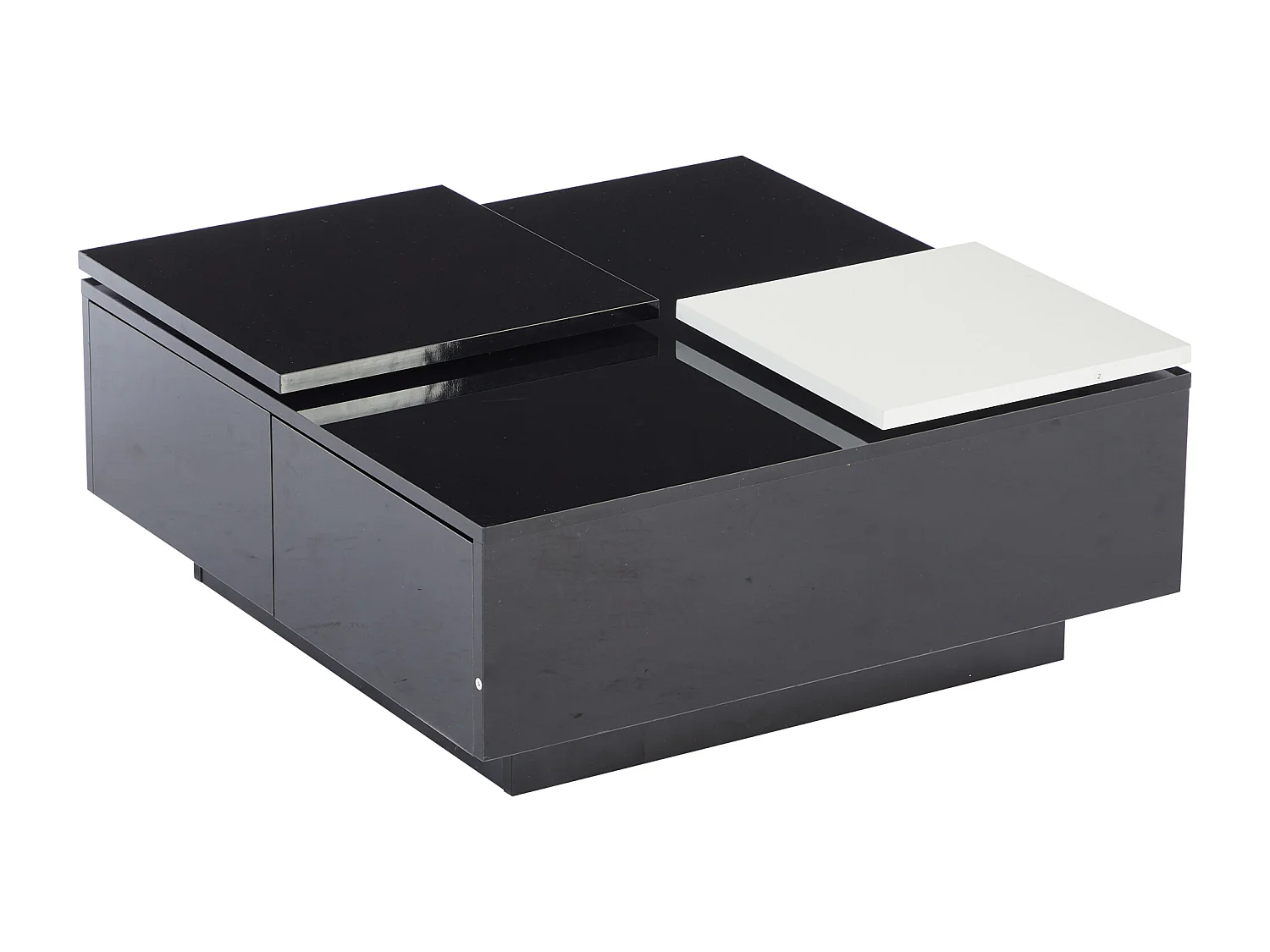 Table basse carrée avec 4 tiroirs - Petit plateau coulissant - Brillant finition - Noir