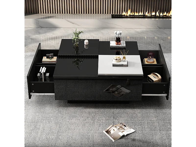 Table basse carrée avec 4 tiroirs - Petit plateau coulissant - Brillant finition - Noir