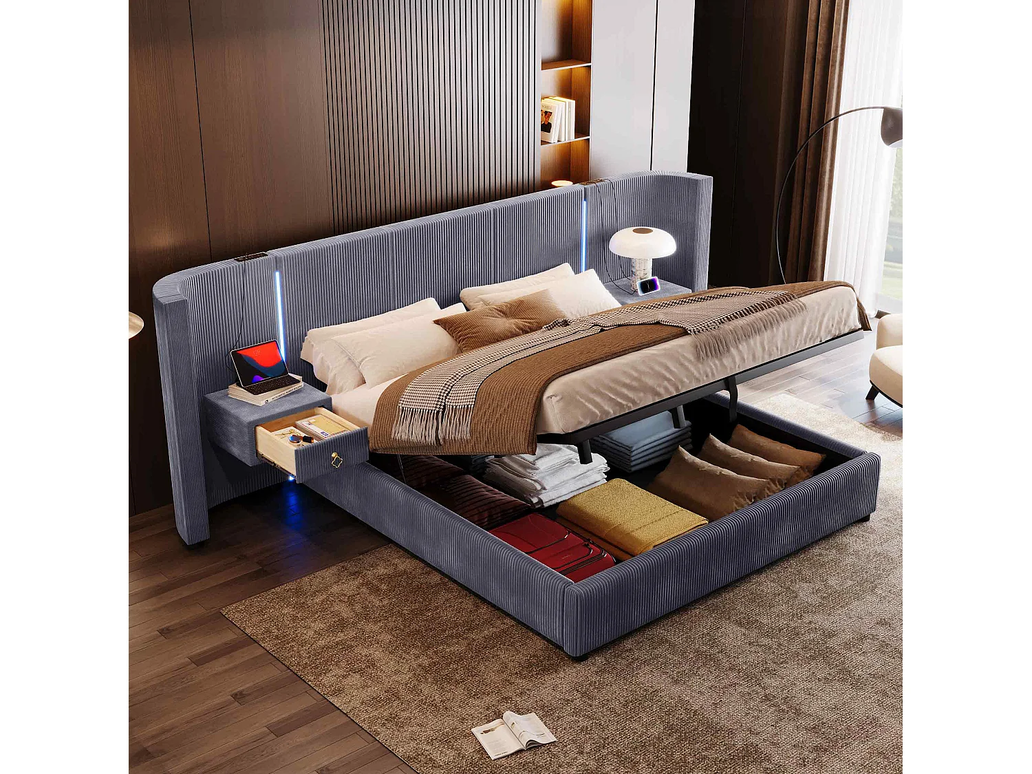 Tweepersoonsbed met opbergruimte 180x200cm met LED, 2 lades, USB + Type-C - Fluwelen stof - Grijs