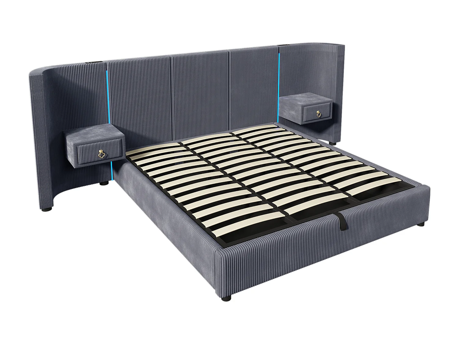 Tweepersoonsbed met opbergruimte 180x200cm met LED, 2 lades, USB + Type-C - Fluwelen stof - Grijs