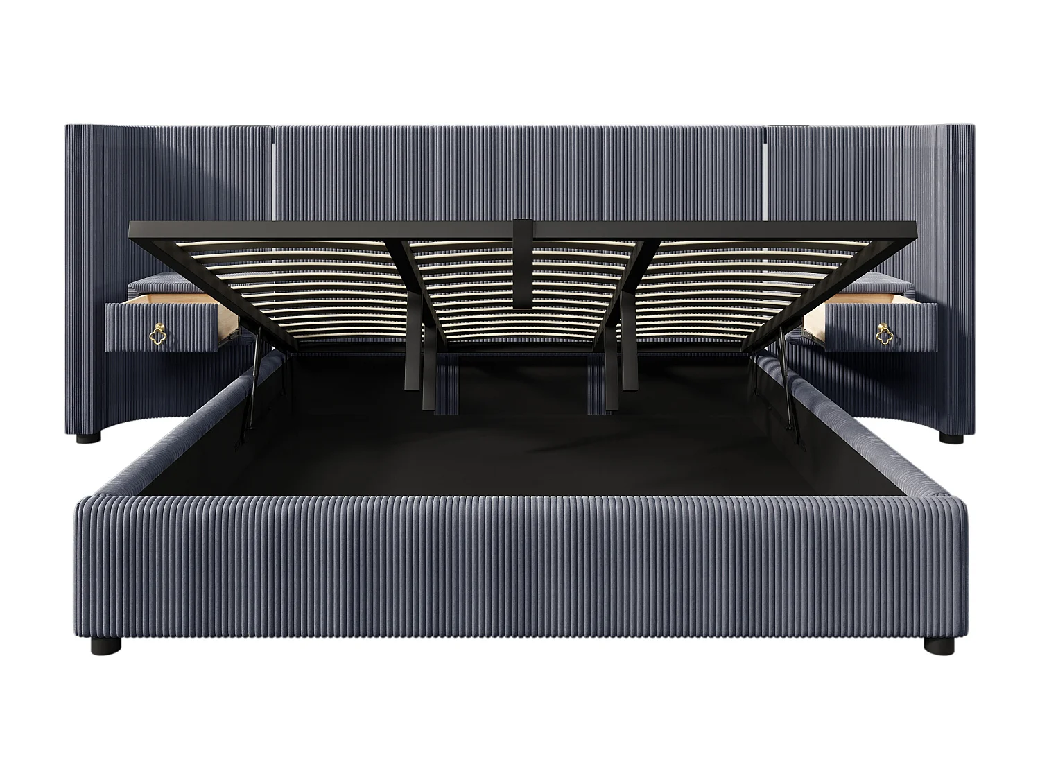 Tweepersoonsbed met opbergruimte 180x200cm met LED, 2 lades, USB + Type-C - Fluwelen stof - Grijs