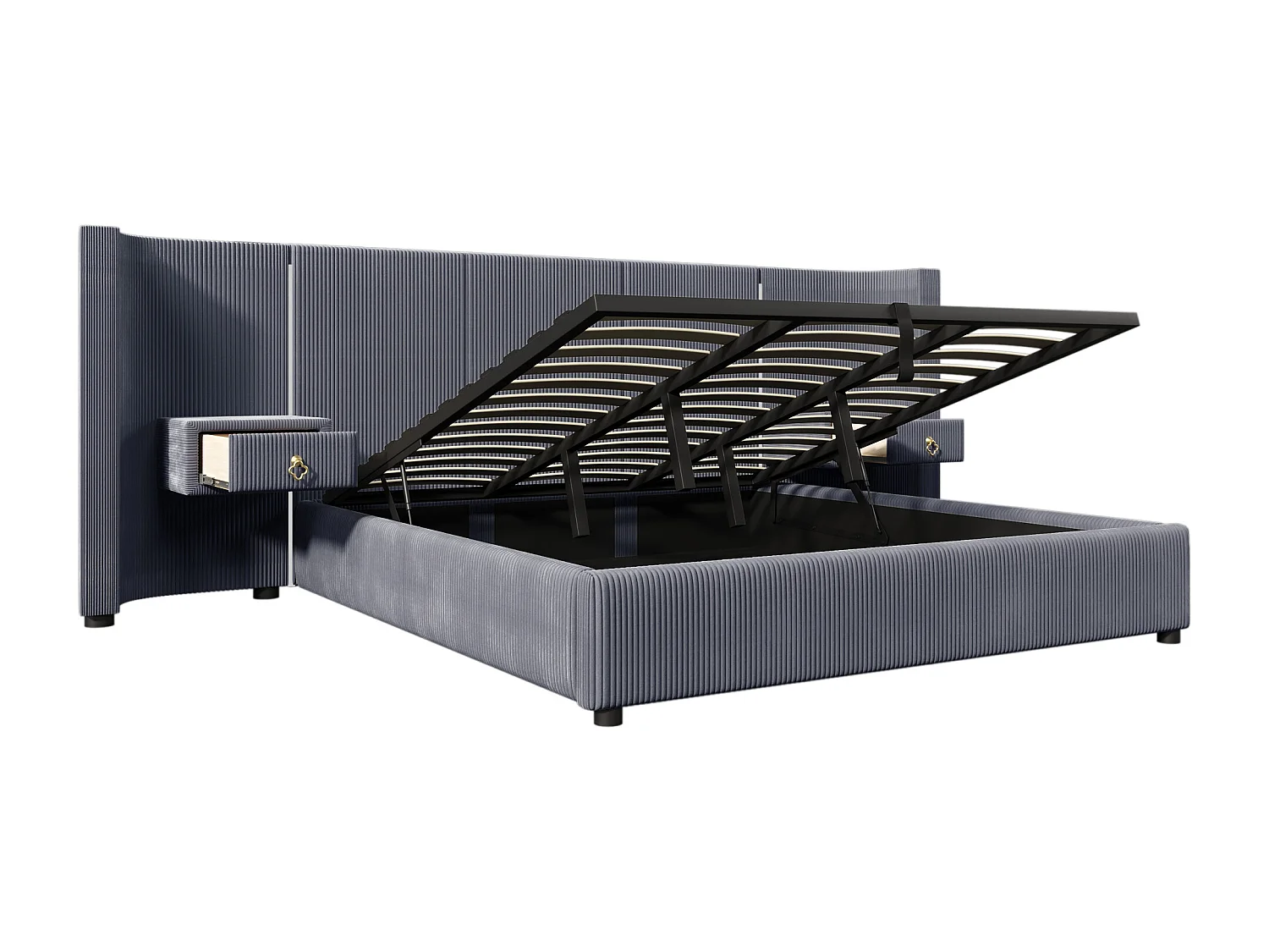 Tweepersoonsbed met opbergruimte 180x200cm met LED, 2 lades, USB + Type-C - Fluwelen stof - Grijs