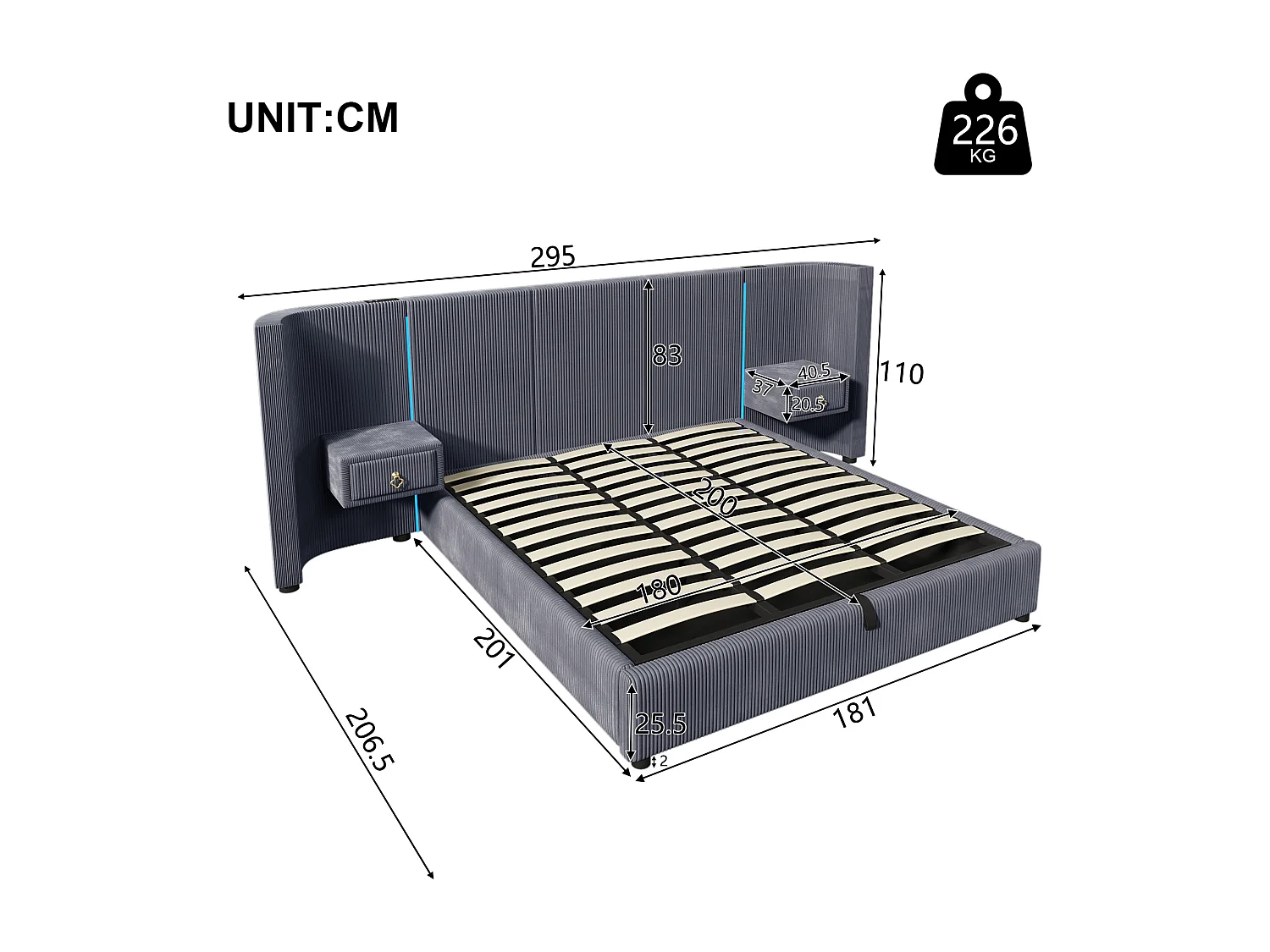 Lit coffre double 180x200cm avec LED, 2 tiroirs, USB + Type-C - Tissu velours - Gris