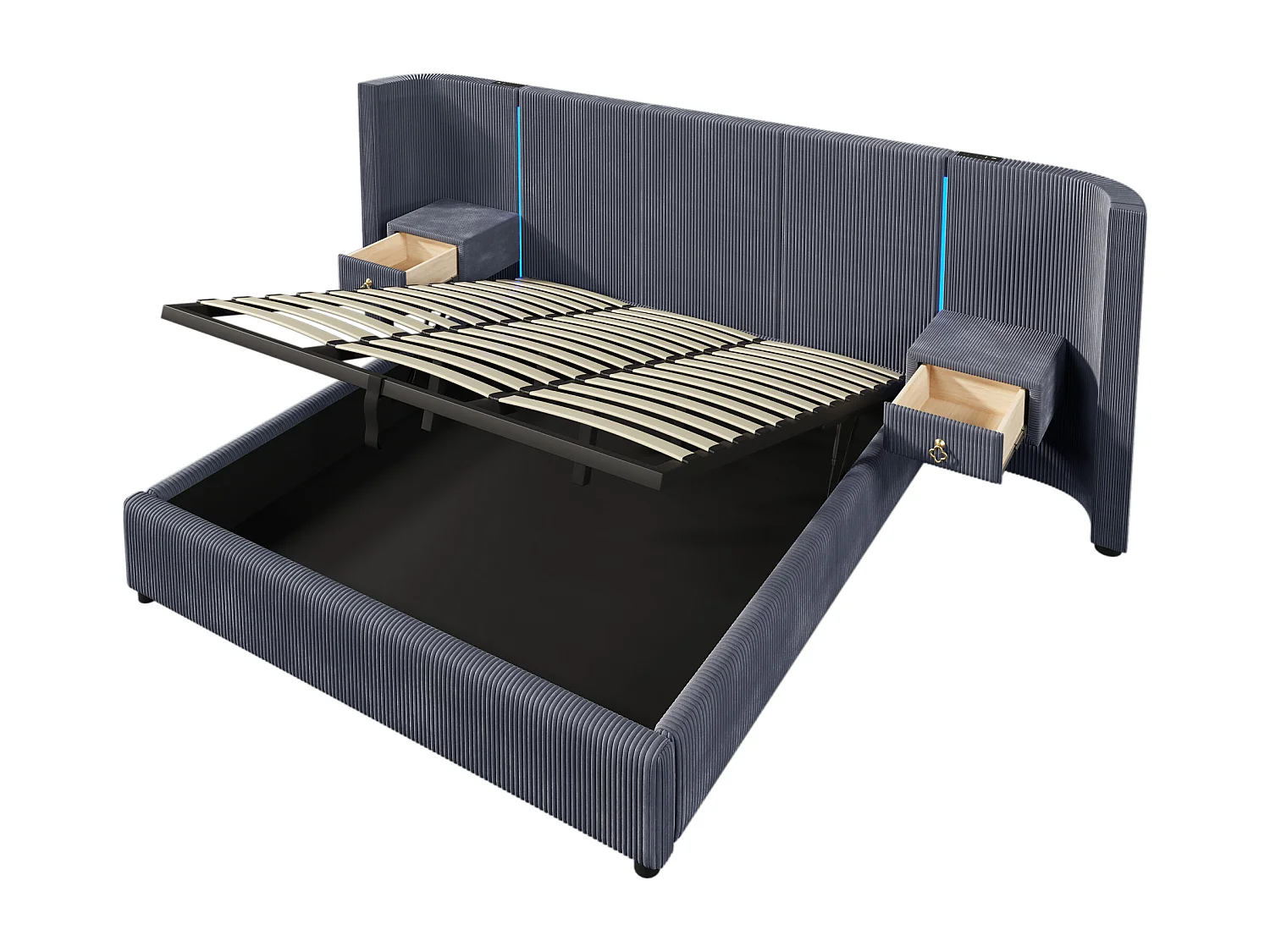 Lit coffre double 180x200cm avec LED, 2 tiroirs, USB + Type-C - Tissu velours - Gris