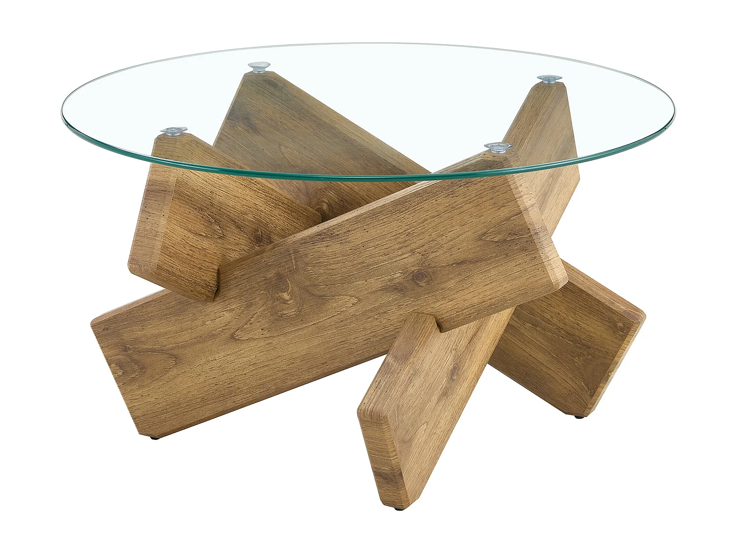Ronde salontafel met kruisvormige poten - Glazen blad - Natuurlijk hout