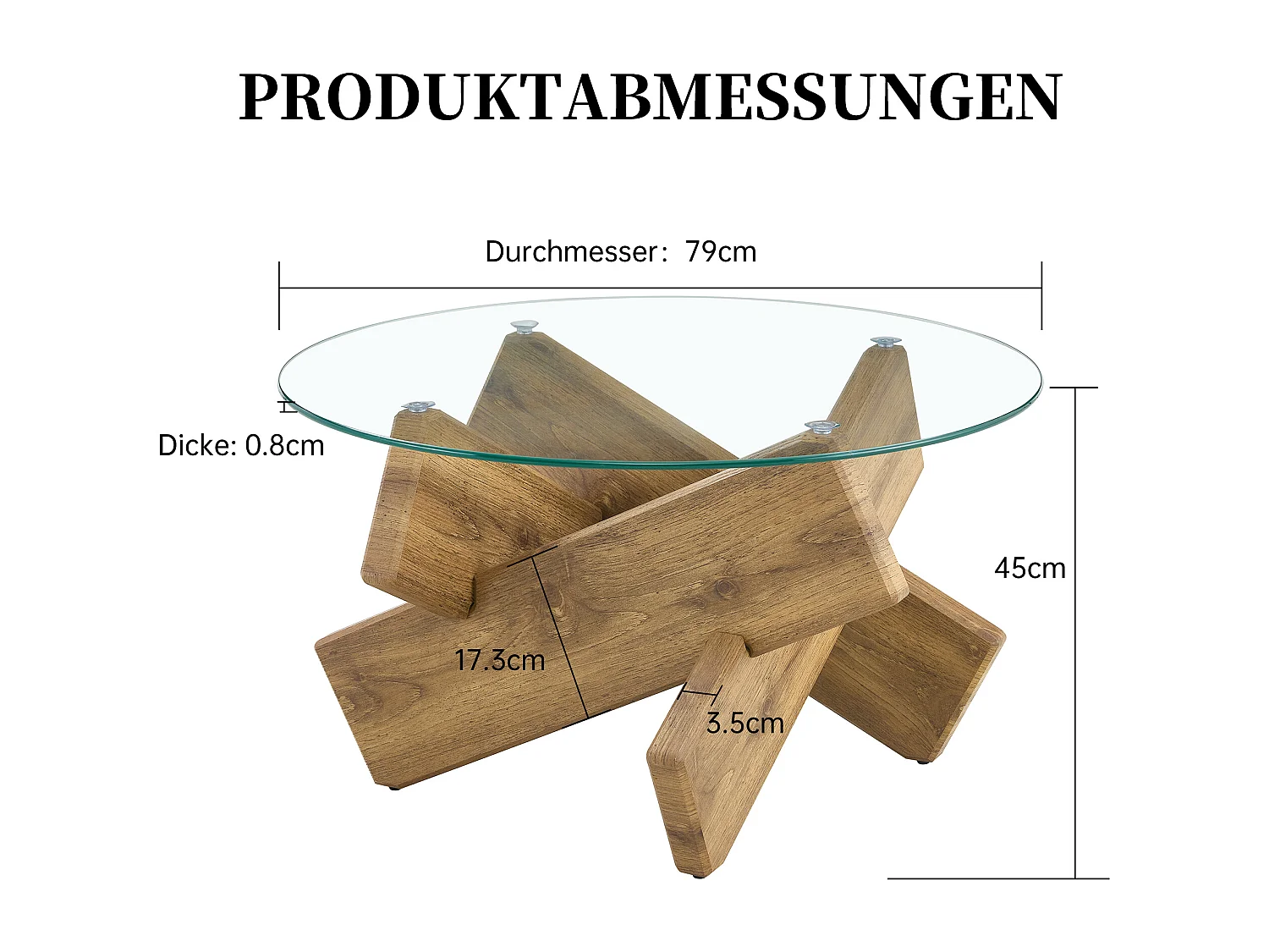 Ronde salontafel met kruisvormige poten - Glazen blad - Natuurlijk hout
