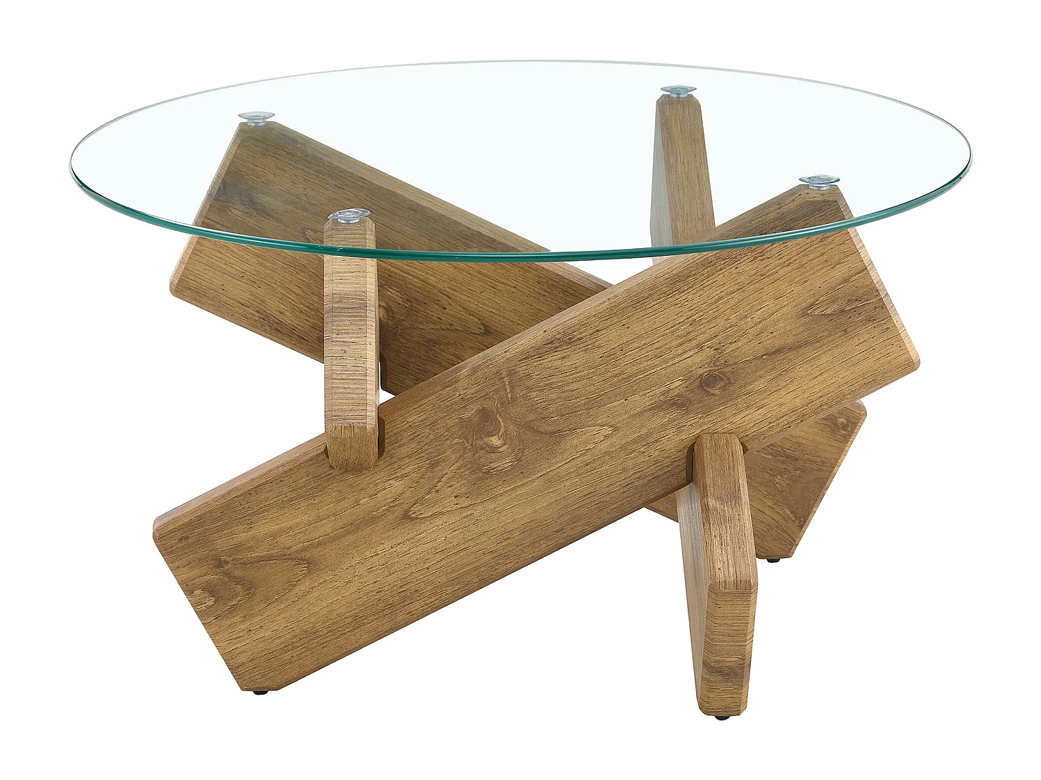 Ronde salontafel met kruisvormige poten - Glazen blad - Natuurlijk hout