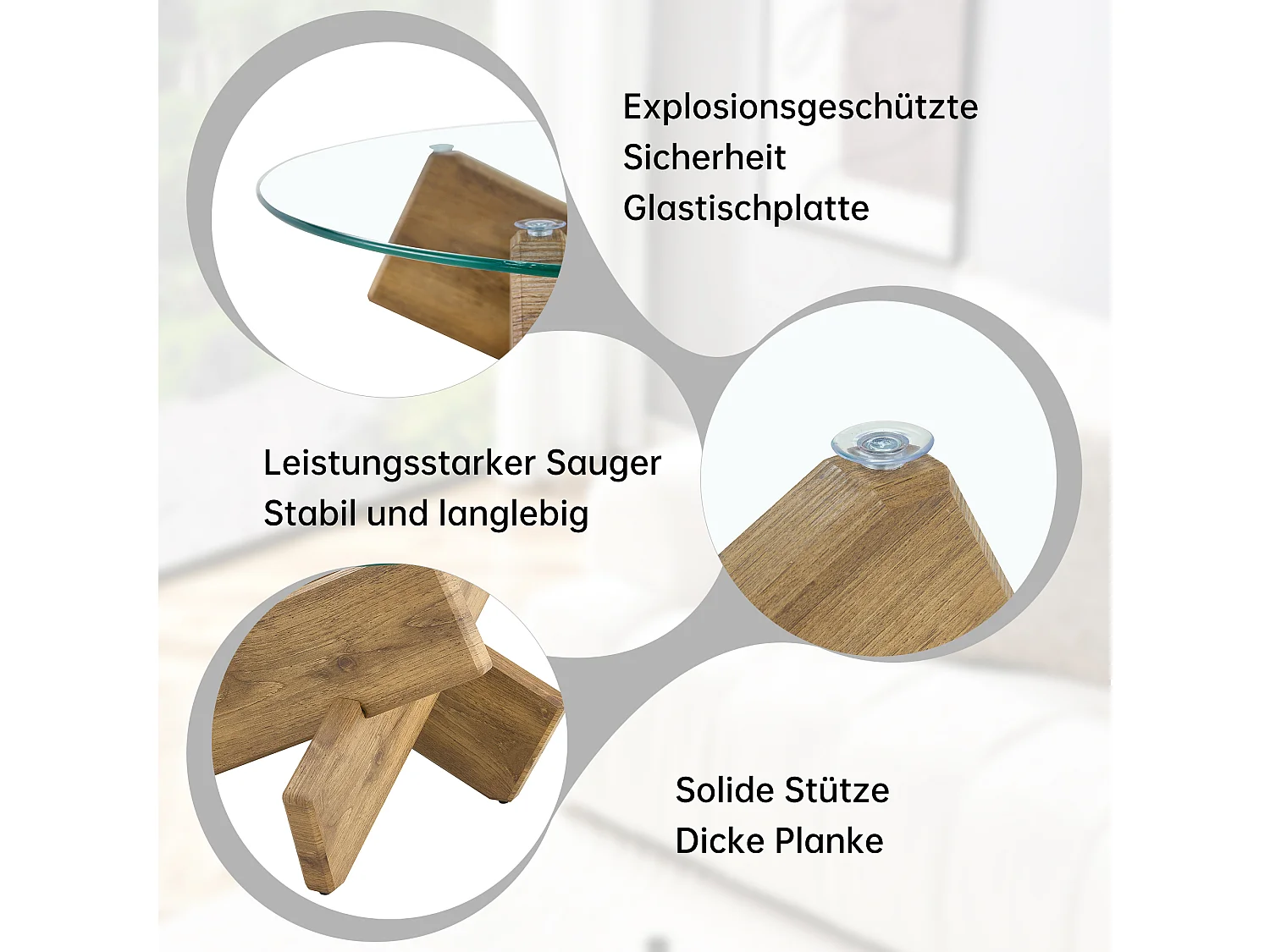 Ronde salontafel met kruisvormige poten - Glazen blad - Natuurlijk hout