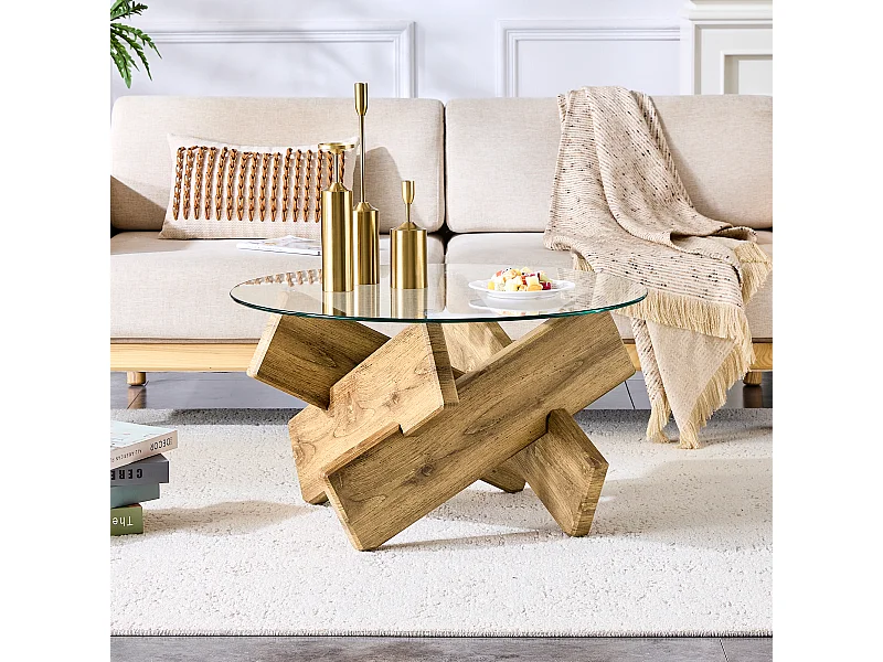 Table basse ronde avec pieds en forme de croix - Plateau en verre - Bois naturel