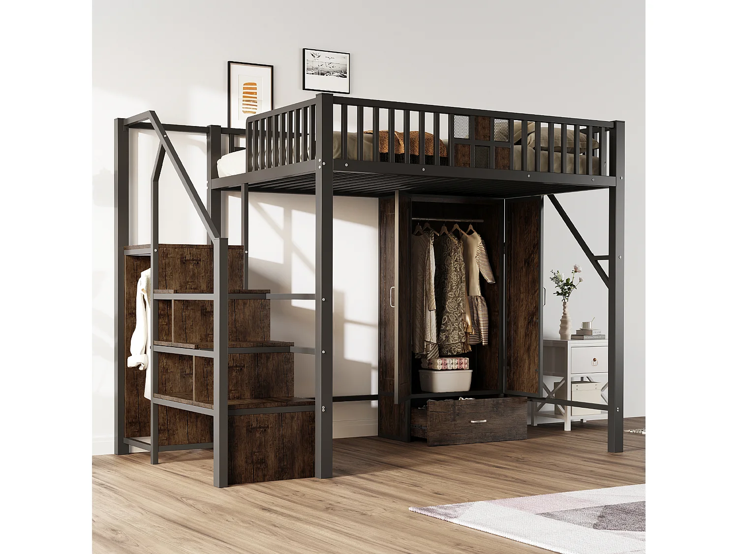 Lit mezzanine enfant 140 x 200 cm avec armoire, tiroir et escalier de rangement - Métal et bois - Noir