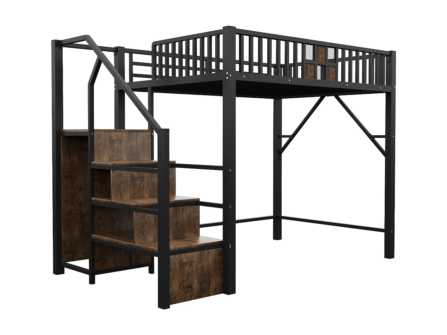 Lit mezzanine enfant 140 x 200 cm avec armoire, tiroir et escalier de rangement - Métal et bois - Noir