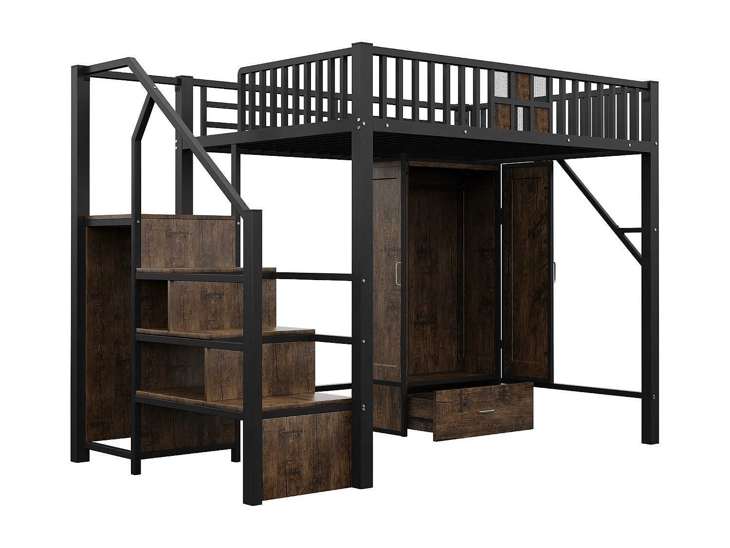 Lit mezzanine enfant 140 x 200 cm avec armoire, tiroir et escalier de rangement - Métal et bois - Noir