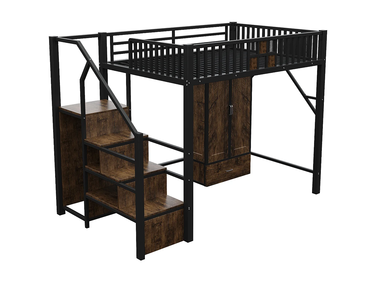 Lit mezzanine enfant 140 x 200 cm avec armoire, tiroir et escalier de rangement - Métal et bois - Noir