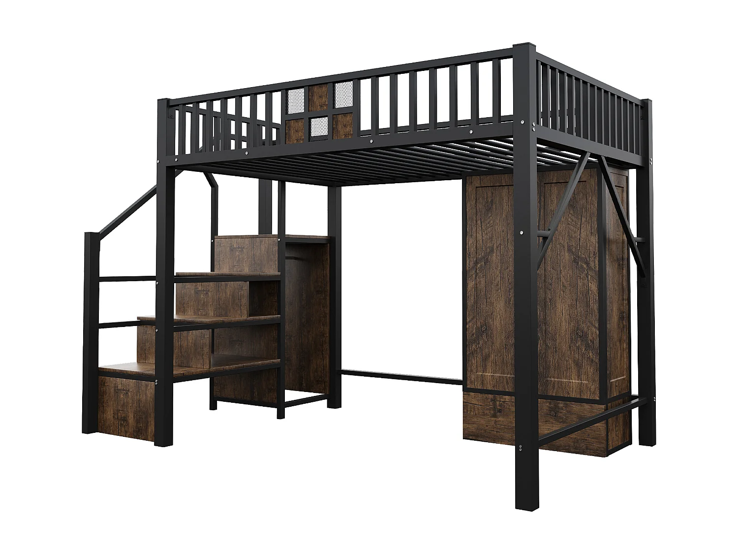 Lit mezzanine enfant 140 x 200 cm avec armoire, tiroir et escalier de rangement - Métal et bois - Noir
