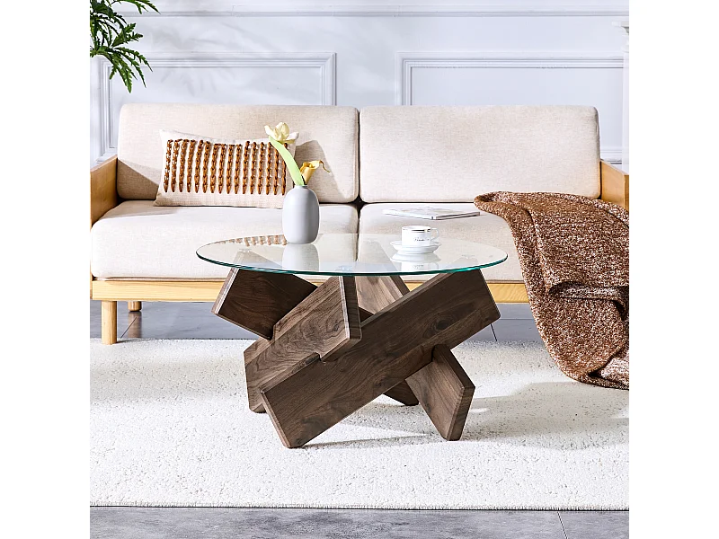 Table basse ronde avec pieds grain de bois noyer - Plateau en verre