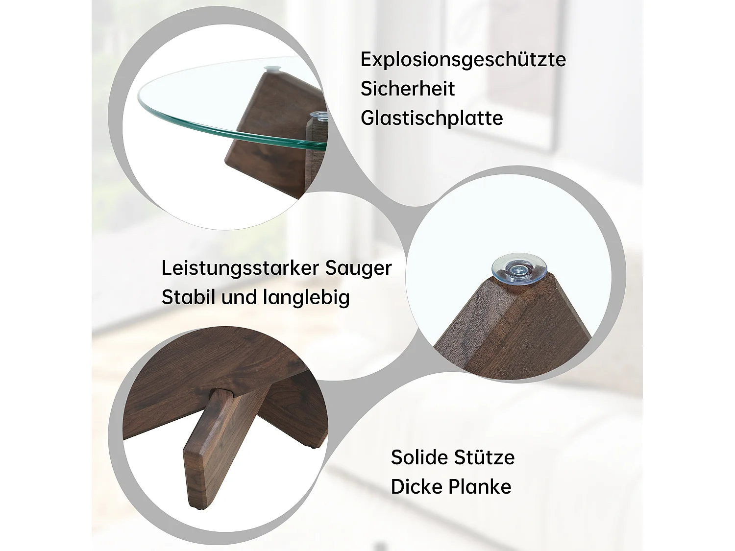 Ronde salontafel met poten van notenhoutnerf - Glazen blad