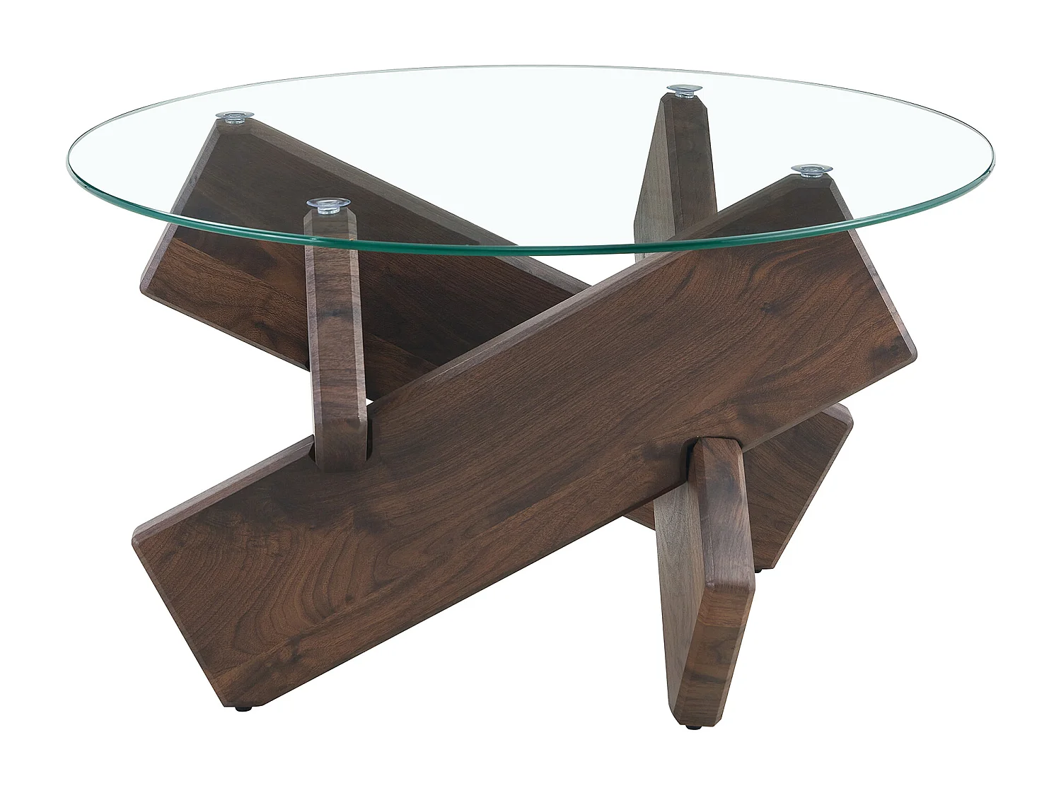 Table basse ronde avec pieds grain de bois noyer - Plateau en verre