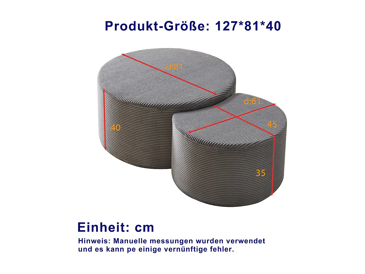 Lot de 2 table basse , coussins ronds, tissu gris