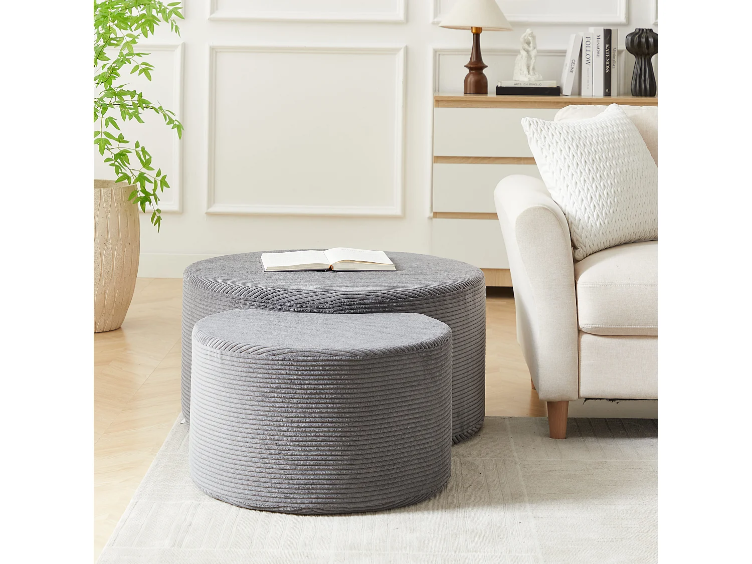 Lot de 2 table basse , coussins ronds, tissu gris