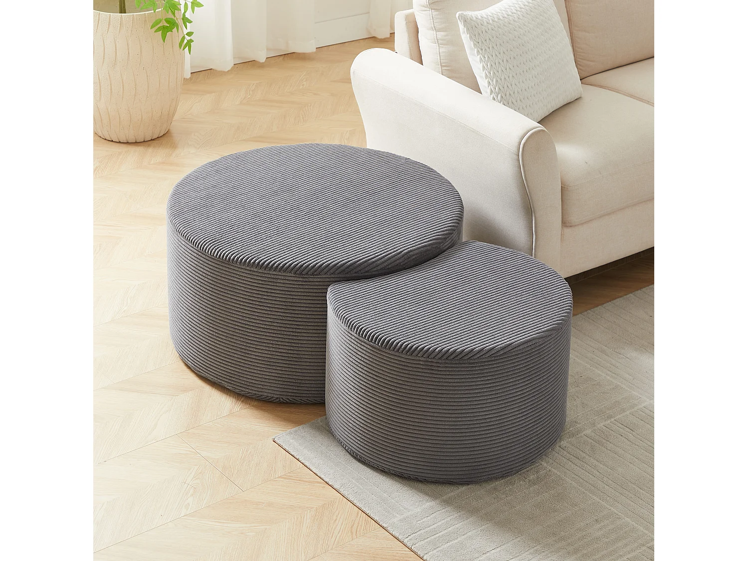 Lot de 2 table basse , coussins ronds, tissu gris