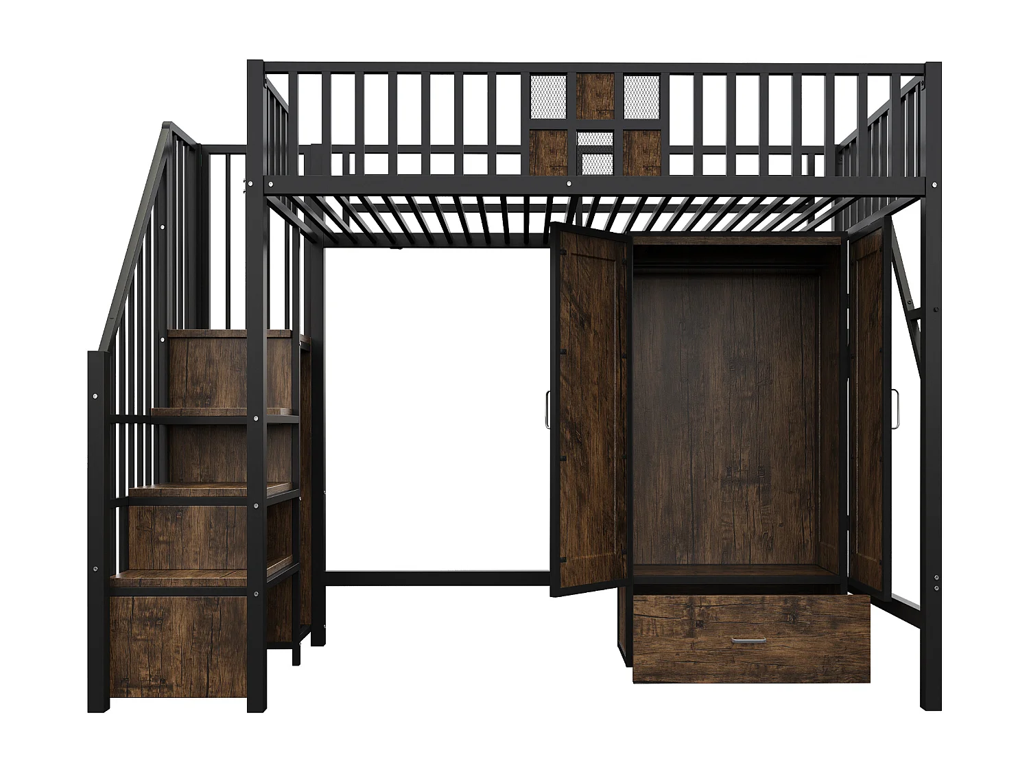 Letto a soppalco per bambini 90 x 200 cm con armadio, cassetti e scaletta portaoggetti - Metallo e legno - Nero