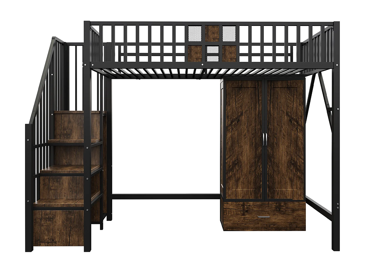 Letto a soppalco per bambini 90 x 200 cm con armadio, cassetti e scaletta portaoggetti - Metallo e legno - Nero