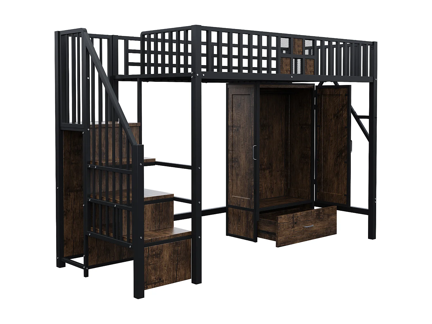 Letto a soppalco per bambini 90 x 200 cm con armadio, cassetti e scaletta portaoggetti - Metallo e legno - Nero