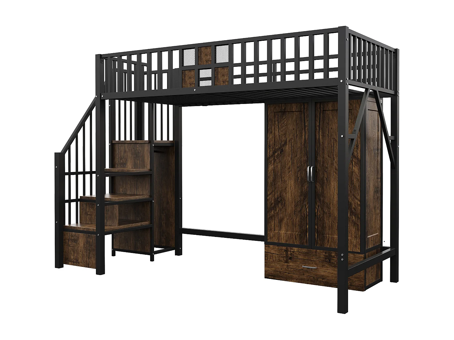 Letto a soppalco per bambini 90 x 200 cm con armadio, cassetti e scaletta portaoggetti - Metallo e legno - Nero