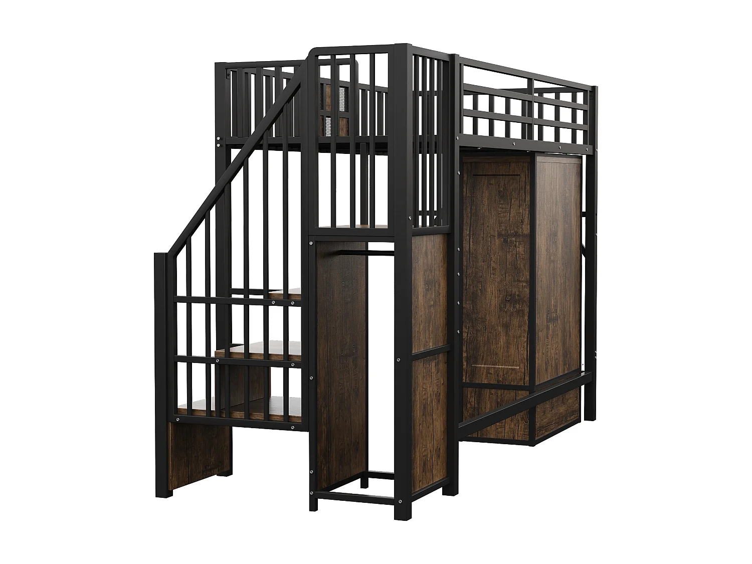 Lit mezzanine enfant 90 x 200 cm avec armoire, tiroir et escalier de rangement - Métal et bois - Noir