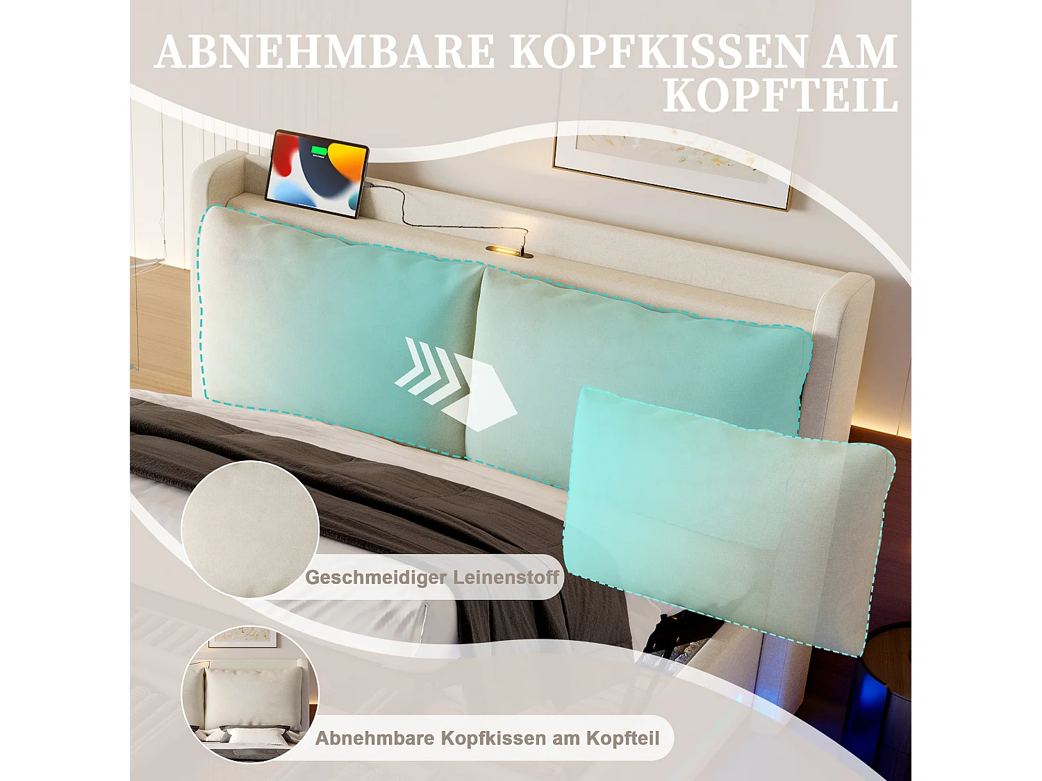 160x200cm Opbergbed met USB-C, LED-verlichting en afneembaar kussen - Beige linnen stof - Matras niet inbegrepen